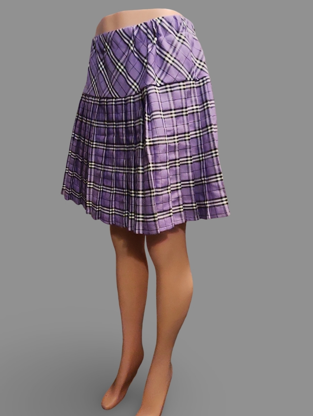 Women's Purple Plaid Pleated Knee Skirt Twill Pull On Casual Preppy - Picture 4 of 10